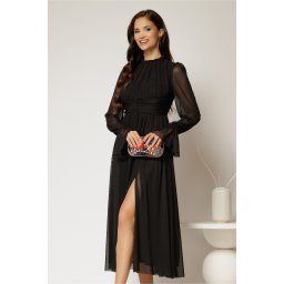 Rochie DY Fashion midi neagra din tulle fin in clos cu crapatura pe picior
