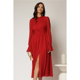 Rochie DY Fashion midi rosu inchis din tulle fin in clos cu crapatura pe picior