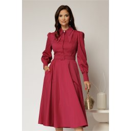 Rochie DY Fashion magenta din poplin cu guler dublu si curea in talie