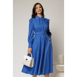 Rochie DY Fashion albastra din poplin cu guler dublu si curea in talie