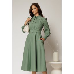 Rochie DY Fashion verde fistic din poplin cu guler dublu si curea in talie