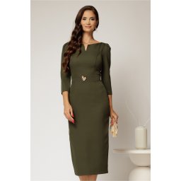 Rochie DY Fashion conica kaki cu decupaj la bust si accesoriu pe talie