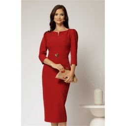 Rochie DY Fashion conica rosu inchis cu decupaj la bust si accesoriu pe talie