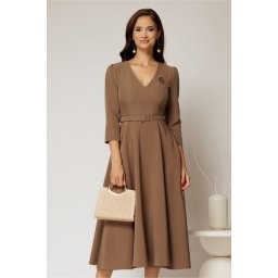 Rochie DY Fashion bej clos cu decolteu V si curea in talie