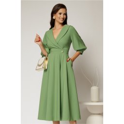 Rochie office din stofa verde fistic cu bust petrecut si rever