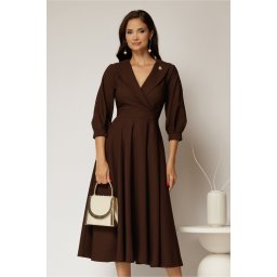 Rochie office din stofa maro cu bust petrecut si rever