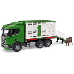 Jucarie Camion Transport Animale BRUDER Scania Super 560R Figurina Vaca 1:16 +4ani Verde/Alb