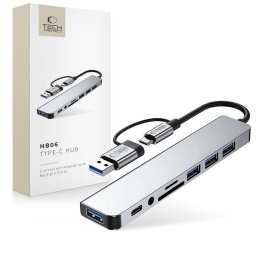 Hub adaptor Tech-Protect HB06 pentru dispozitive cu USB-C, 8-in-1 cu USB, SD/TF și jack 3.5 mm, space grey