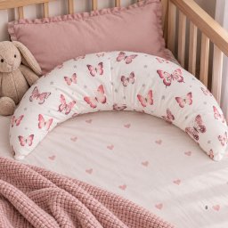 Perna laterala pentru Copii cu 100% Lana Merinos A n Forma de Luna, Lanawool, 70 cm , Fermitate Ridicata 400g, Husa 100% Bumbac DetaE abila + Fata de Perna cu Fermoar, Fluturi