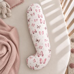 Perna laterala pentru Copii cu 100% Lana Merinos A n Forma de J, Lanawool, 79 cm , Fermitate Ridicata 500g, Husa 100% Bumbac DetaE abila + Fata de Perna cu Fermoar, Fluturi