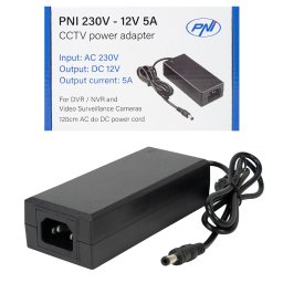Sursa de alimentare CCTV PNI 230V la 12V, 5A, cablu 2 m, negru