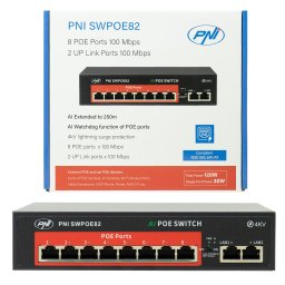 Switch PoE PNI SWPOE82 cu 8 porturi PoE, 120W, AI Extend 250 m
