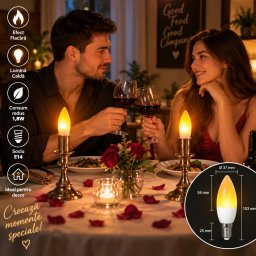Bec LED Decorativ E14 1,8W, Efect Flacara, Lumina Calda, Mat, Tip Lumanare