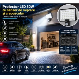Proiector LED 50W cu senzor de miscare si crepuscular, 4500 lm, 6500K, IP66