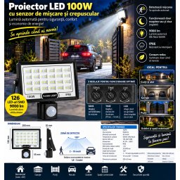 Proiector LED 100W cu Senzor de Miscare si Crepuscular, 9000 lm, 6500K, IP66