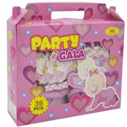 Set pentru petrecere copii, 36 piese, ochelari, coifuri, pahare, farfurii, paie si suflatori roz