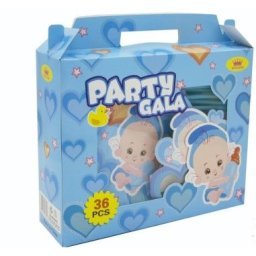 Set pentru petrecere copii, Bebelus albastru, 36 piese, ochelari, coifuri, pahare, farfurii, paie si suflatori