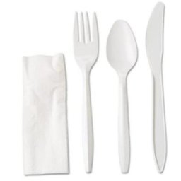 Set de 100 tacamuri de unica folosinta din plastic, furculita, cutit, lingura, servetel alb