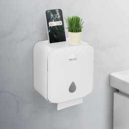 Suport hartie igienica, dulap cu sertar si suport telefon, alb, plastic