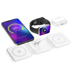 Statie incarcare wireless 3 in 1 pentru telefon ceas si casti, 15W, pliabila, compatibila iPhone si Apple Watch, alba