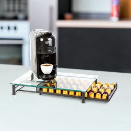 Suport capsule cafea Nespresso 60 capsule, metal cu sertar si blat sticla, negru mat, organizator espressor