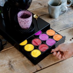Suport capsule cafea Dolce Gusto 20 capsule, metal cu sertar, negru mat, organizator pentru espressor