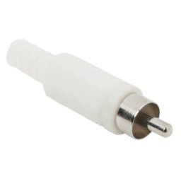 Mufa RCA Tata Alba pentru Cablu Audio, Conector Plastic cu Protectie Anti-Rupere, Ø cablu max. 5,5 mm