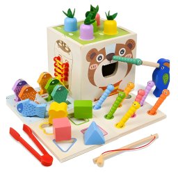 Cub Montessori Teno®, din lemn, educativ, joc cu legume, joc cu nasturi, joc de pescuit, sireturi, dezvolta abilitatile cognitive, senzoriale, coordonare mana-ochi, multicolor