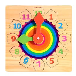 Ceas Educativ din Lemn Teno®, cifre detasabile, imagini ascunse cu animale, ace de ceasornic rotative, culorile curcubelui, +3 ani, multicolor