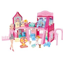 Casuta pentru Papusi Macvi® cu Mobilier si Accesorii Roz Joc Educativ Copii 3 Ani+