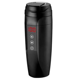 Cana inteligenta tip termos Macvi®, afisaj temperatura, inox premium, etansa, incarcare auto 12V/24V, 0.45L, negru