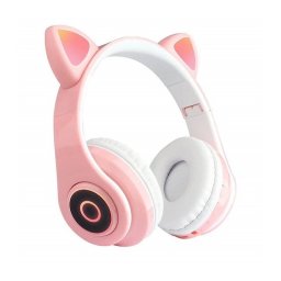 Casti Macvi® Wireless Pliabile cu Urechi de Pisica, Bluetooth 5.0, HiFi, Bass Stereo, LED, Roz