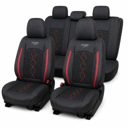 Huse auto premium 5 locuri Carguard Deluxe piele ecologica perforata si textil - negru - rosu inchis