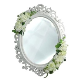 Oglinda miresei personalizata cu nume si data, forma ovala in stil victorian, lucrata cu flori de matase, model alb-verde - ALIF609001