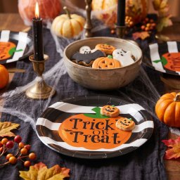 Set 8 farfurii din hartie Halloween, model dovleac, Trick or Treat, rotunde, 23 cm