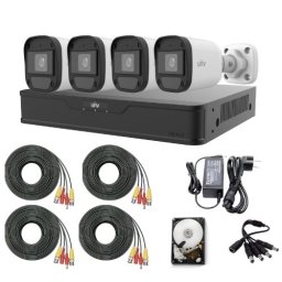 Sistem de supraveghere Uniview cu 4 camere 5MP, Audio, Infrarosu 20m, DVR Hibrid cu 4 canale 5MP, HDD, accesorii