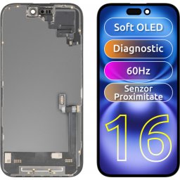 Display cu Touchscreen si Senzor Proximitate Lumina MP compatibil cu Apple iPhone 16, cu Rama, Versiune Soft OLED FHD Diagnostic, Negru