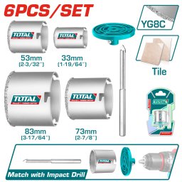 Set carote pentru zidarie TOTAL 33-83 mm, 6 piese, cu burghiu pilot