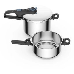Set 2 oale sub presiune TEFAL Secure Trendy P2584301, Volum 4+6l, 5 sisteme de siguranta, 2 nivele de presiune, Controlul presiunii, Cos pentru preparare la aburi, Otel inoxidabil