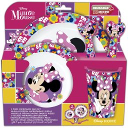 Set masa pentru copii, STOR cu licenta Minnie, din plastic - 5 piese, farfurii, pahar 260 ml si tacamuri, potrivit pentru microunde, ambalaj cu euro-agatatoare