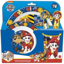 Set masa pentru copii, STOR cu licenta Patrula Catelusilor, Boy Rescue Pups, din plastic - 5 piese, farfurii, pahar 260 ml si tacamuri, potrivit pentru microunde, ambalaj cu euro-agatatoare