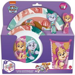 Set masa pentru copii, STOR cu licenta Patrula Catelusilor, Girl Superpowers, din plastic - 5 piese, farfurii, pahar 260 ml si tacamuri, potrivit pentru microunde, ambalaj cu euro-agatatoare