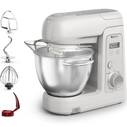 Robot de bucatarie Tefal Bake Partner+ QB540BF0, 1100 W, capacitate vas 4.6 L, 8 trepte de viteza, functie Pulse, functie Smart Bake Detect, cantar incorporat, tel, carlig pentru aluaturi grele, inox, gri