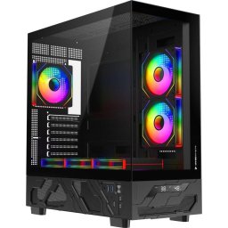Carcasa PC ALPHAGEAR Dervish Mark 1, Middle Tower, ARGB, Fara sursa, Sticla securizata, 9 ventilatoare compatibile, 6 incluse, Negru