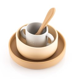 Set 4 piese vesela din silicon pentru mancarea copiilor (farfurie, castron, canuta, lingurita), fara BPA, lavabile in masina de spalat vase, de la 6 luni, bej, Reer 25100