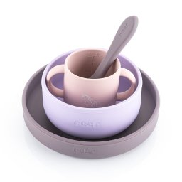 Set 4 piese vesela din silicon pentru mancarea copiilor (farfurie, castron, canuta, lingurita), fara BPA, lavabile in masina de spalat vase, de la 6 luni, mov, Reer 25124