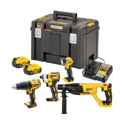 DeWalt - DCD778 + DCF787 + DCH133N + DCL040 - Masina de gaurit si insurubat cu percutie, 65 Nm + Masina de insurubat cu impact, 170 Nm + Rotopercutor SDS-Plus, 2.6 J + Lampa + Set 2 acumulatori, Li-Ion, 18 V, 5 Ah + Valiza speciala