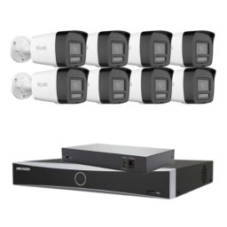 Sistem supraveghere IP 4K pentru spatii comerciale cu 8 camere 8MP Dual Light 30m, audio bidirectional, NVR Hikvision 16 canale AcuSense, Switch PoE