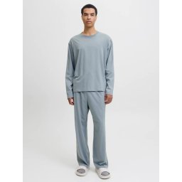Jack & Jones Set pijamale barbati din bumbac, format din tricou cu maneca lunga si pantaloni lungi, Gri albastrui (SELECTATI MARIMEA: M)