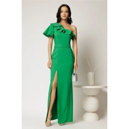 Rochie verde lunga de ocazie pe un umar cu volanas si slit pe picior